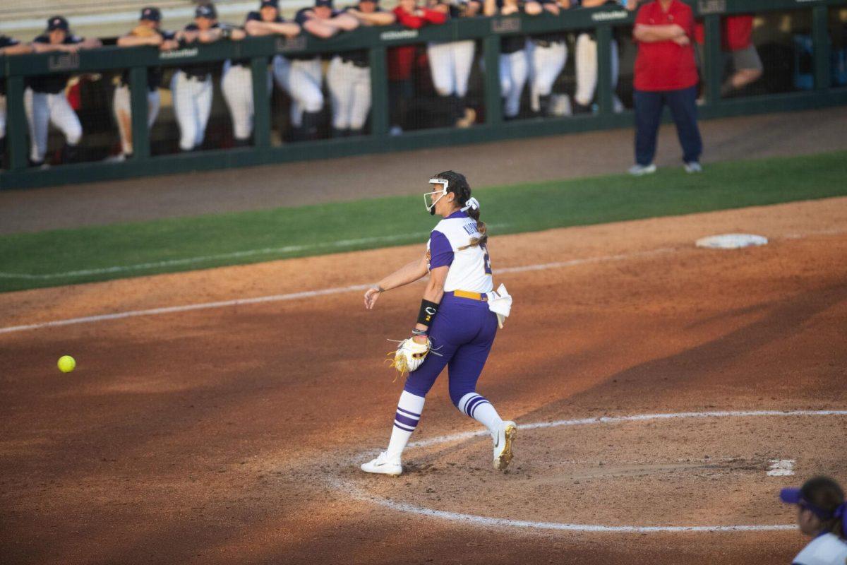 LSU softball redshirt junior pitcher Ali Kilponen (2) pitches the ball Saturday, Feb. 12, 2022, during LSU’s 8-1 win against South Alabama at Tiger Park on Skip Bertman Drive in Baton Rouge, La.