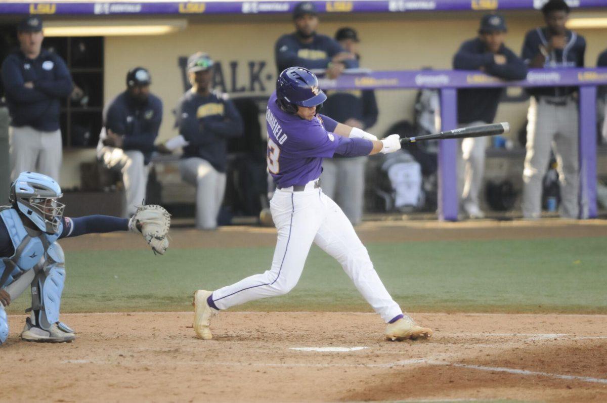 LSU sophomore infielder Jack Merrifield (53) swings at the ball Saturday, Feb. 26, 2022, during the Tigers' 9-2 win against Southern University at Alex Box Stadium in Baton Rouge, La.