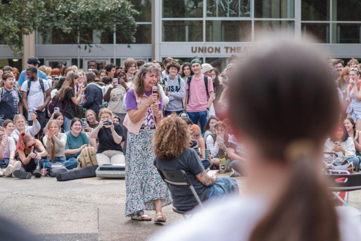 Sister Cindy makes a face on Monday, Feb. 21, 2022, during her speech in Free Speech Plaza on LSU&#8217;s Campus in Baton Rouge, La.