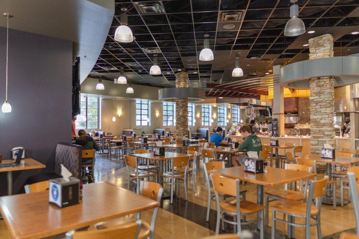 Students eat an early lunch on Wednesday, Feb. 23, 2022, inside the 459 Commons Dining Hall on Campus Lake Road in Baton Rouge, La.