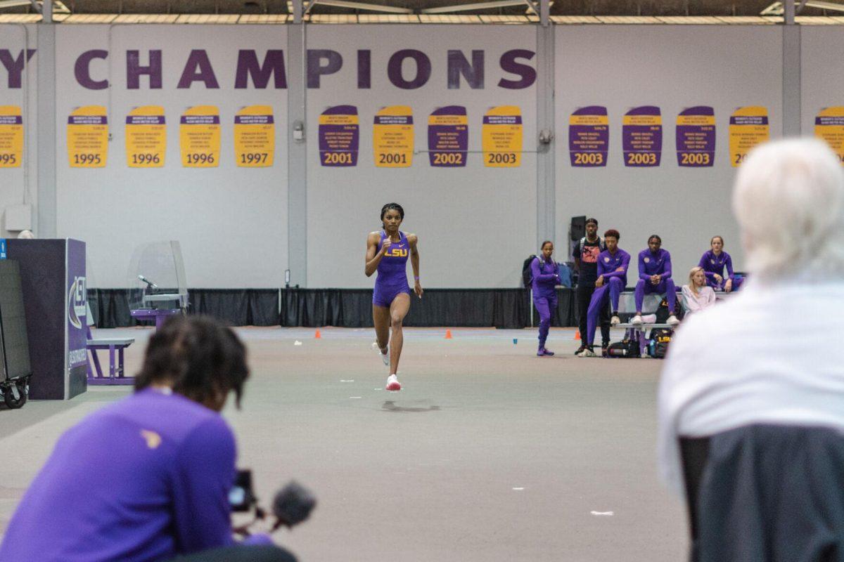 LSU track and field jumps sophomore Morgan Smalls begins her try on Friday, Feb. 18, 2022, in the high jump area during the LSU Twilight track and field meet in the Carl Maddox Field House on Nicholson Drive in Baton Rouge, La.