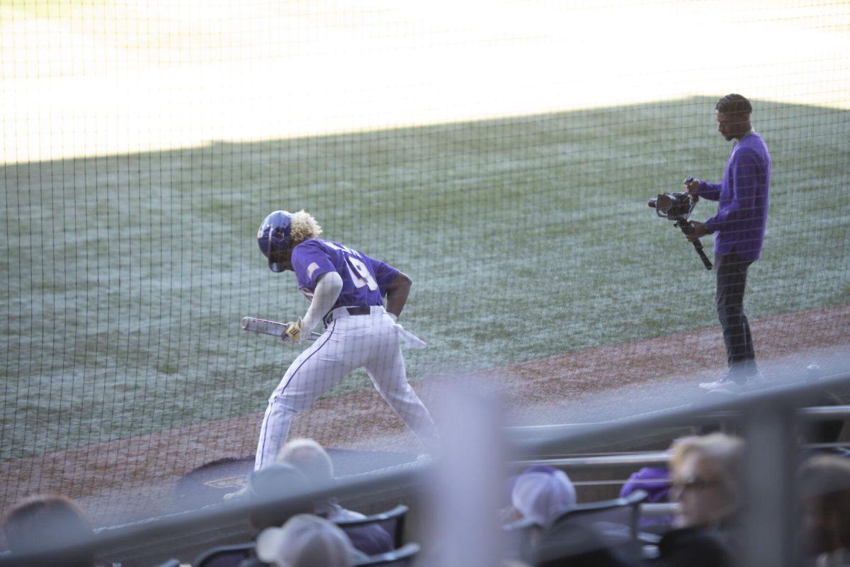 LSU sophomore first basemen Tre' Morgan (18) gets ready to bat Saturday, Feb. 19, 2022, during the Tigers' 17-8 win against the University of Maine at Alex Box Stadium in Baton Rouge, La.