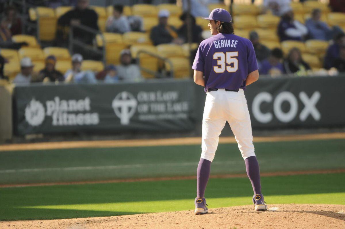 LSU junior pitcher Paul Gervase (35) pitches on the mound Saturday, Feb. 26, 2022, during the Tigers' 9-2 win against Southern University at Alex Box Stadium in Baton Rouge, La.