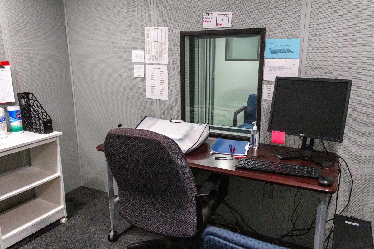 A newly renovated booth sits Tuesday, Feb 1, 2022, amid water leakage concerns in William B. Hatcher Hall.