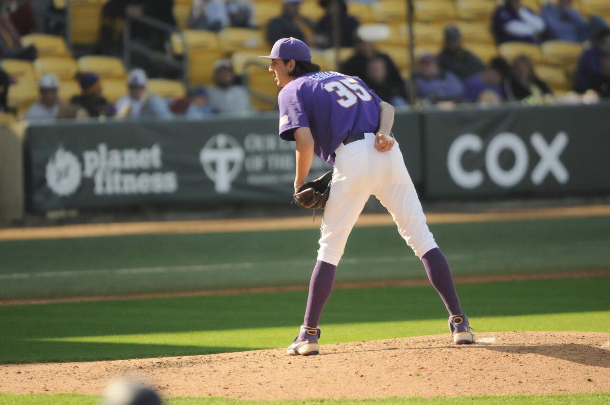 LSU junior pitcher Paul Gervase (35) pitches on the mound Saturday, Feb. 26, 2022, during the Tigers' 9-2 win against Southern University at Alex Box Stadium in Baton Rouge, La.