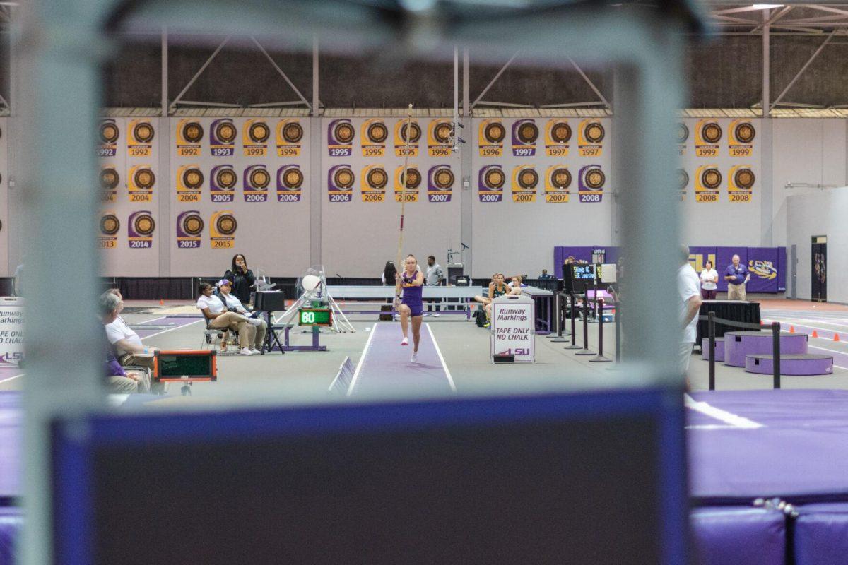 LSU track and field pole vault fifth-year senior Lisa Gunnarsson begins her attempt on Friday, Feb. 18, 2022, during the LSU Twilight track and field meet in the Carl Maddox Field House on Nicholson Drive in Baton Rouge, La.