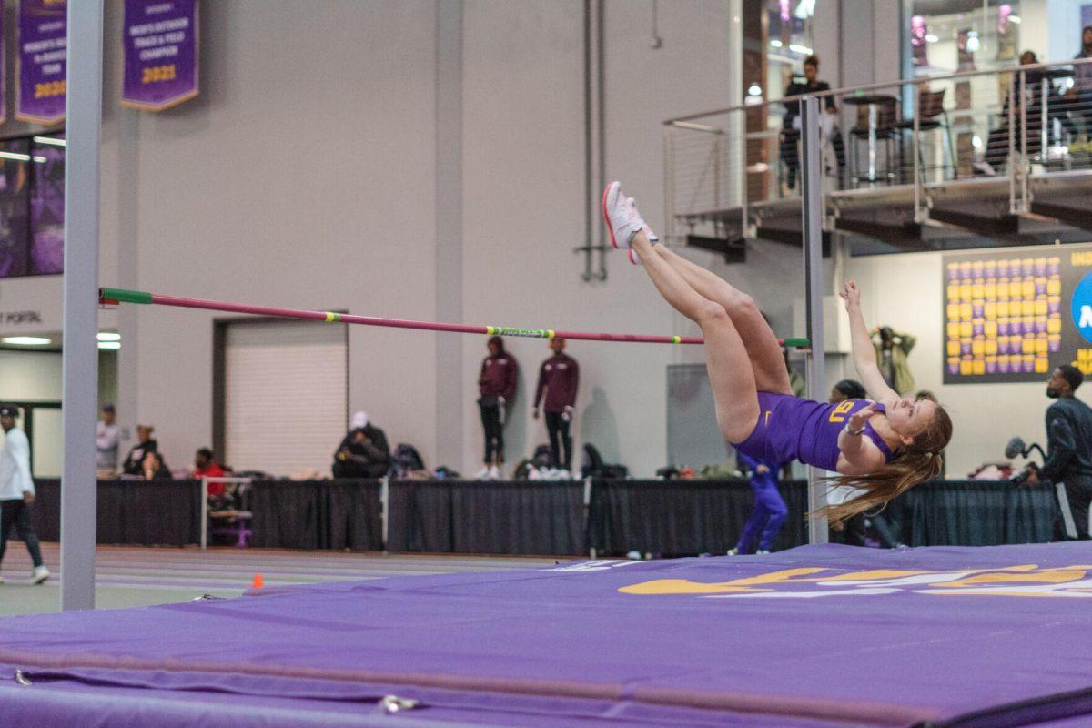 LSU track and field sophomore Emma Engelhardt clears the bar on Friday, Feb. 4, 2022, during the Bayou Bengal indoor track meet at the Carl Maddox Field House on Nicholson Drive in Baton Rouge, La.