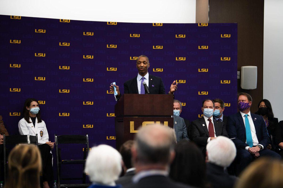 LSU president William F. Tate IV speaks at the Our Lady of the Lake and LCMC Health game-changing investment press conference Friday, Feb. 11, 2022, at the LSU Foundation Center for Philanthropy in Baton Rouge, La.&#160;