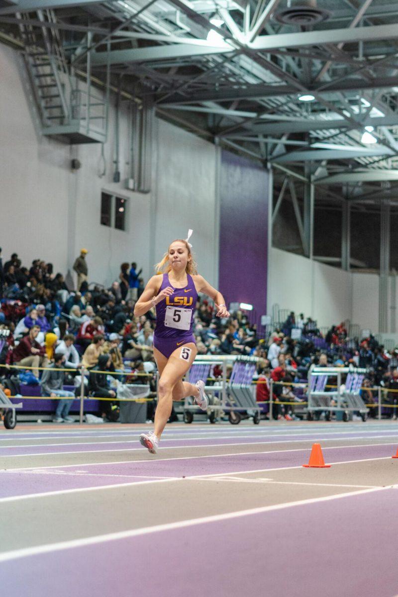 LSU track and field graduate student Alicia Stamey finishes her race on Friday, Feb. 4, 2022, during the Bayou Bengal indoor track meet at the Carl Maddox Field House on Nicholson Drive in Baton Rouge, La.