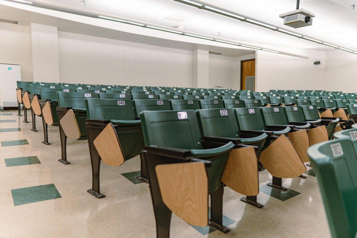 Desks sit empty on Wednesday, Feb. 9, 2022, in Lockett Hall on Field House Drive in Baton Rouge, La.