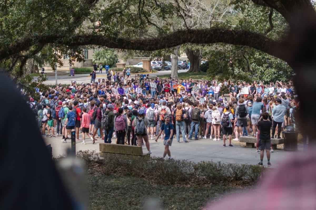 Sister Cindy draws a large crowd on Monday, Feb. 21, 2022, in Free Speech Plaza on LSU&#8217;s Campus in Baton Rouge, La.