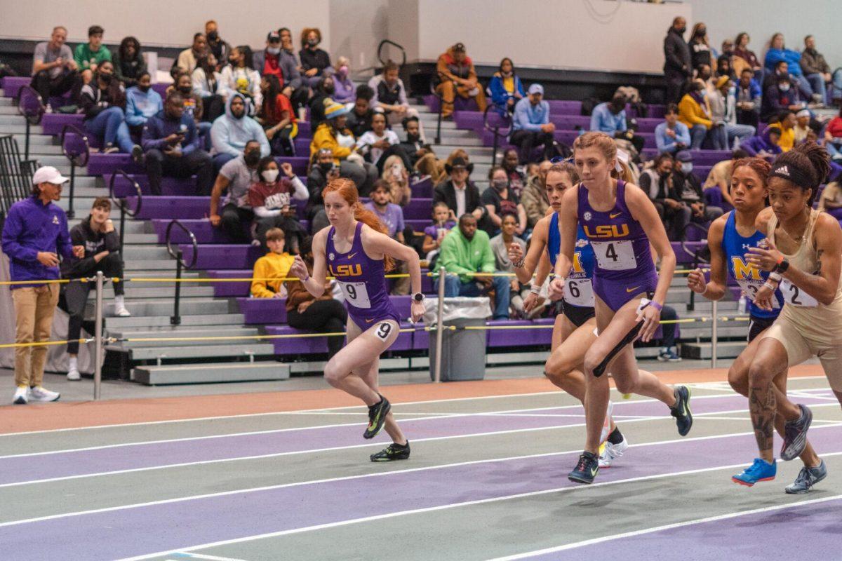 LSU track and field freshmen Sophie Martin (left) and Callie Hardy (right) start their race on Friday, Feb. 4, 2022, during the Bayou Bengal indoor track meet at the Carl Maddox Field House on Nicholson Drive in Baton Rouge, La.