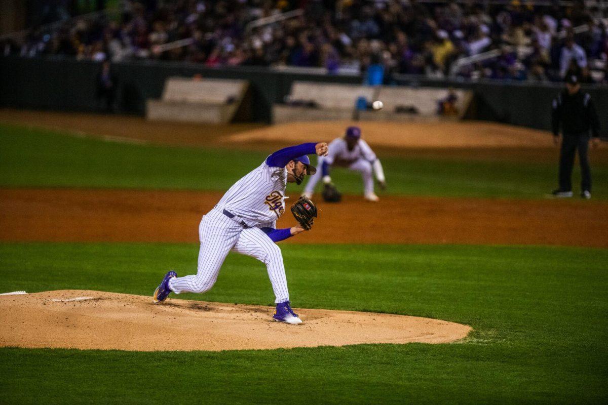 LSU baseball sophomore right-handed pitcher Blake Money (44) pitches the ball Friday, Feb. 18, 2022 during LSU's 13-1 win against Maine at Alex Box Stadium on Gourrier Avenue in Baton Rouge, La.