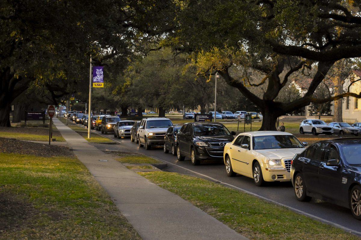 Traffic comes to a halt Tuesday, Feb. 15, 2022, on Highland Road in Baton Rouge, LA.