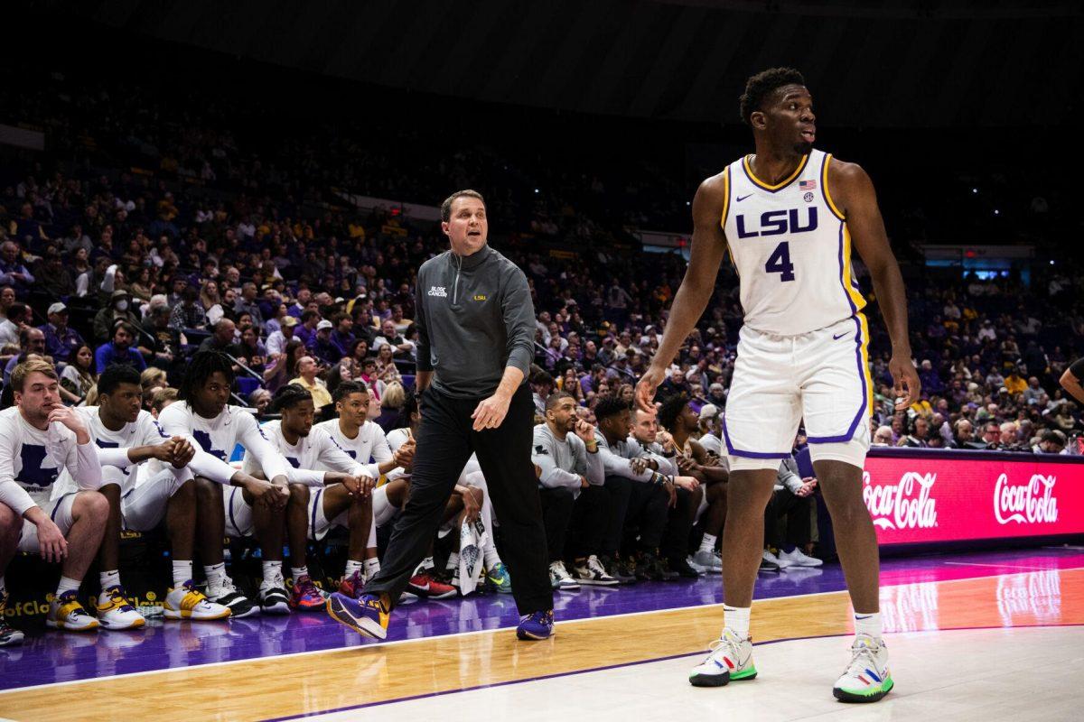 LSU men's basketball head coach Will Wade directs the offense Saturday, Feb. 26, 2022, during LSU&#8217;s 75-55 win against Missouri in the Pete Maravich Assembly Center on North Stadium Drive in Baton Rouge, La.