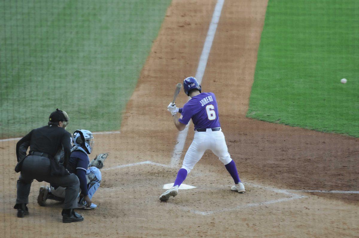 LSU sophomore outfielder Brayden Jobert (6) gets ready to swing Saturday, Feb. 26, 2022, during the Tigers' 9-2 win against Southern University at Alex Box Stadium in Baton Rouge, La.