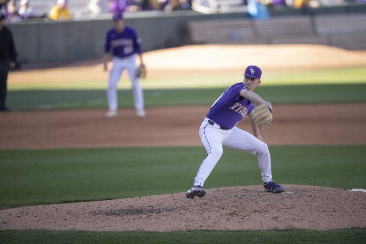 LSU sophomore pitcher Javen Coleman (49) pitches on the mound Saturday, Feb. 19, 2022, during the Tigers' 17-8 win against the University of Maine at Alex Box Stadium in Baton Rouge, La.