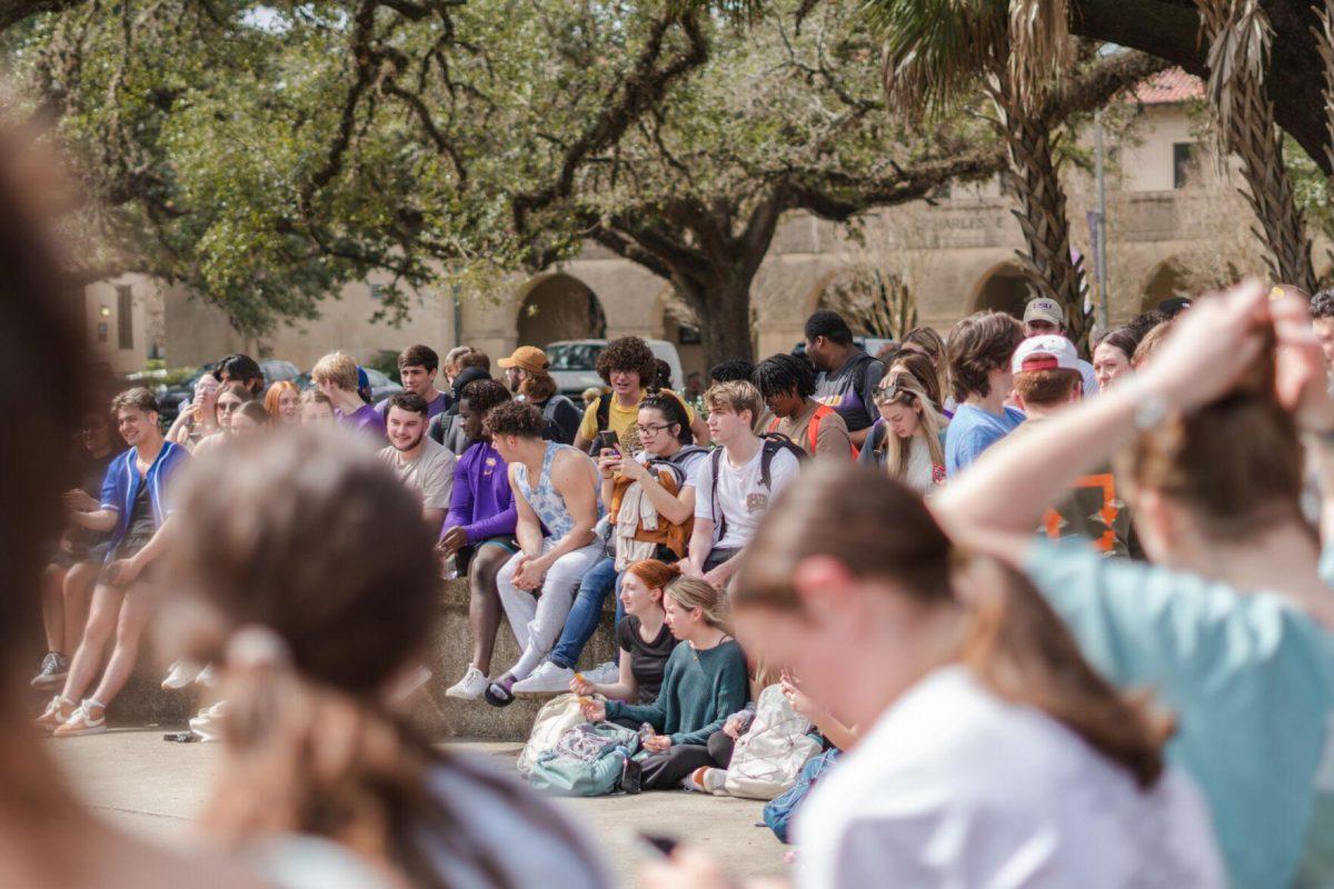 Students await the start of Sister Cindy&#8217;s speech on Monday, Feb. 21, 2022, in Free Speech Plaza on LSU&#8217;s Campus in Baton Rouge, La.