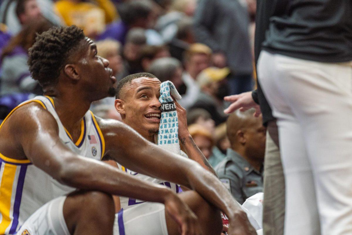 LSU men&#8217;s basketball senior guard Xavier Pinson (1) wipes the sweat from his face on Saturday, Feb. 12, 2022, during LSU&#8217;s 69-65 win over Mississippi State at the Pete Maravich Assembly Center on North Stadium Drive in Baton Rouge, La.