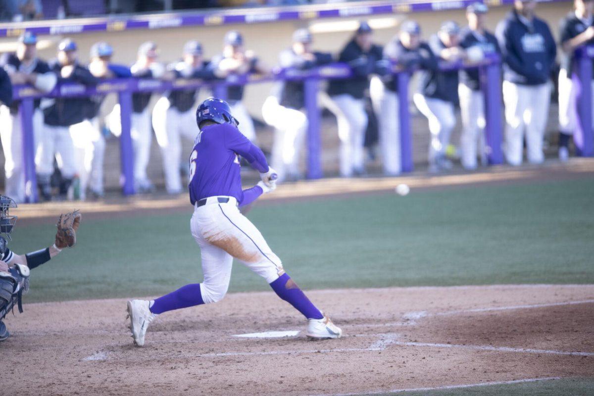 LSU sophomore outfielder Brayden Jobert (6) hits the ball Saturday, Feb. 19, 2022, during the Tigers' 17-8 win against the University of Maine at Alex Box Stadium in Baton Rouge, La.