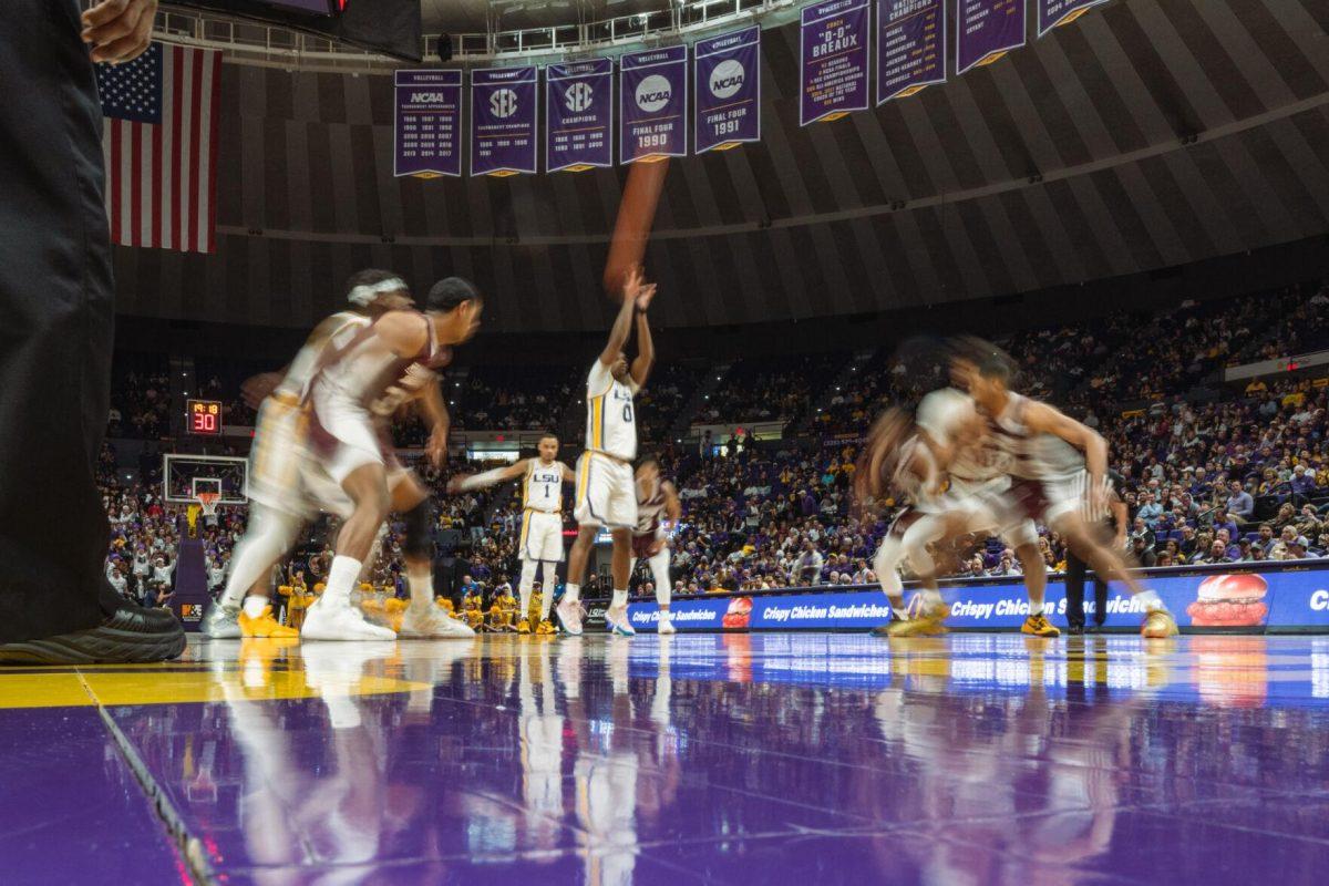 LSU men&#8217;s basketball freshman guard Brandon Murray (0) takes a free throw on Saturday, Feb. 12, 2022, during LSU&#8217;s 69-65 win over Mississippi State at the Pete Maravich Assembly Center on North Stadium Drive in Baton Rouge, La.