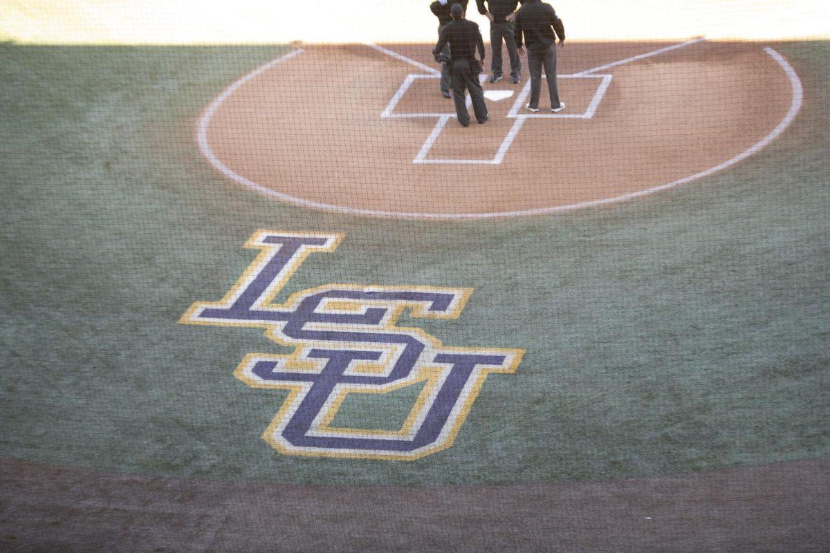 The LSU baseball logo sits behind home plate Saturday, Feb. 19, 2022, during the Tigers' 17-8 win against the University of Maine at Alex Box Stadium in Baton Rouge, La.