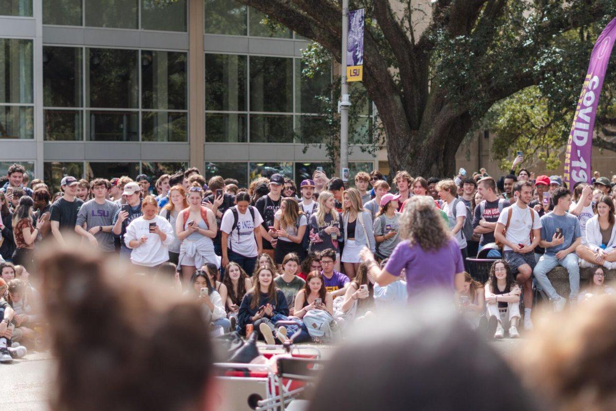 Students gather to watch Sister Cindy&#8217;s speech on Monday, Feb. 21, 2022, in Free Speech Plaza on LSU&#8217;s Campus in Baton Rouge, La.