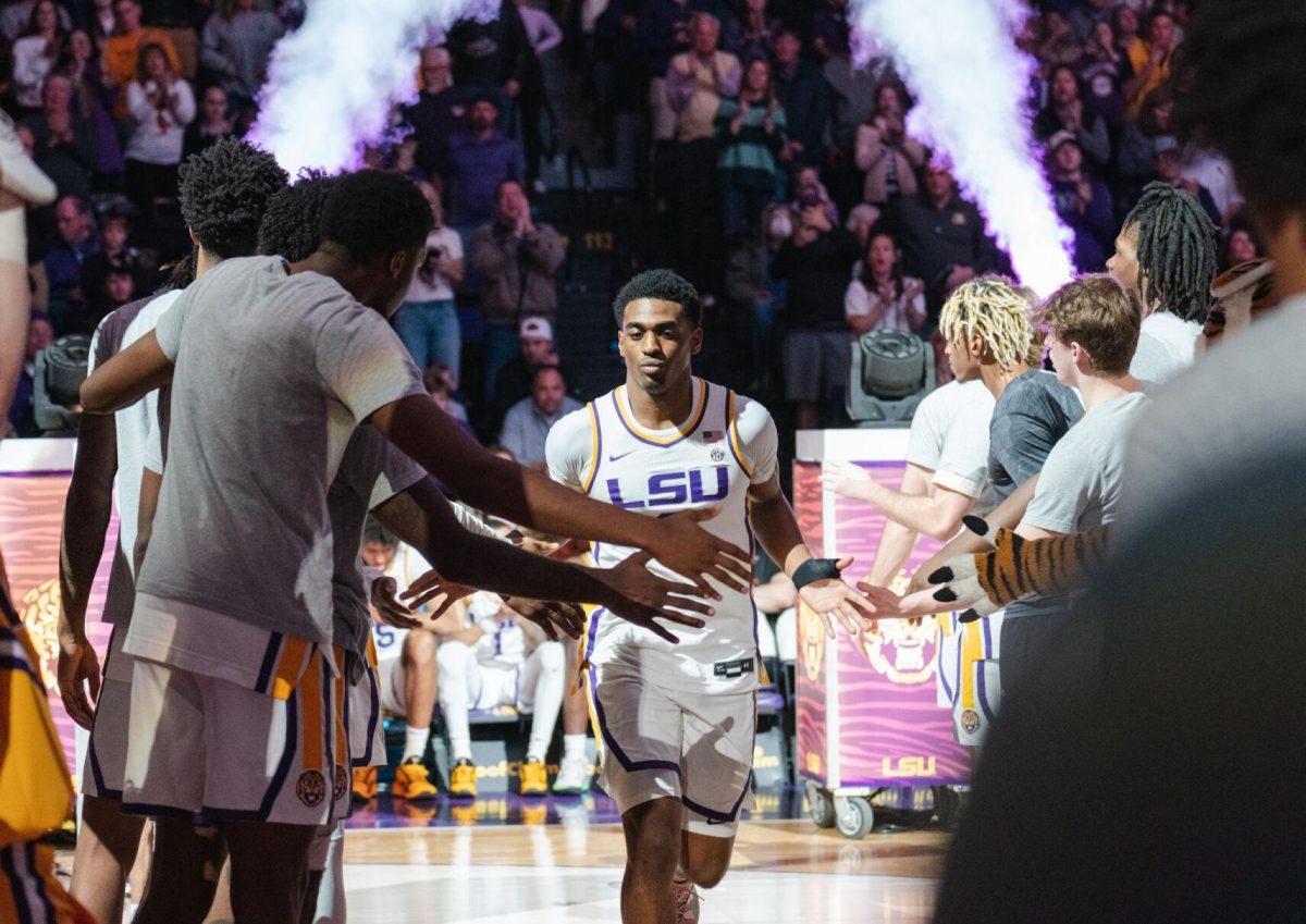 LSU men&#8217;s basketball freshman guard Brandon Murray (0) takes the court on Saturday, Feb. 12, 2022, during LSU&#8217;s 69-65 win over Mississippi State in the Pete Maravich Assembly Center on North Stadium Drive in Baton Rouge, La.