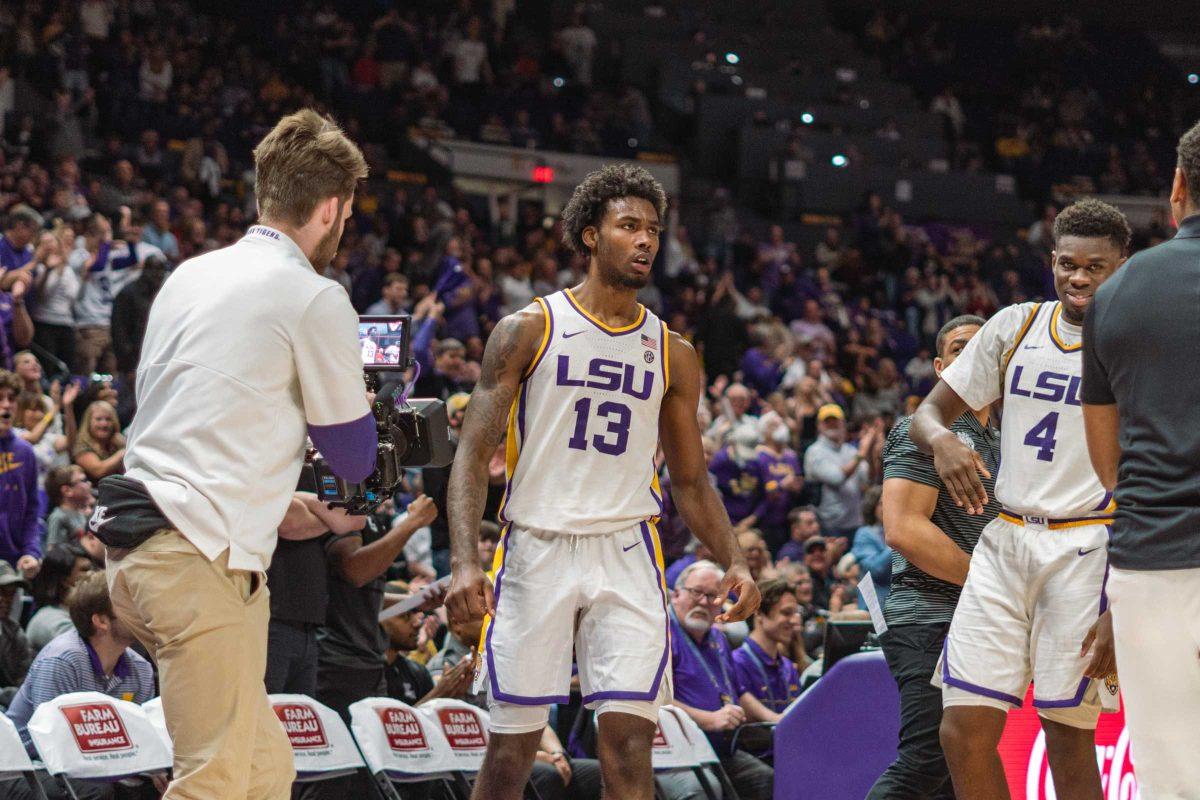 LSU men&#8217;s basketball sophomore forward Tari Eason (13) celebrates his dunk on Saturday, Feb. 12, 2022, during LSU&#8217;s 69-65 win over Mississippi State in the Pete Maravich Assembly Center on North Stadium Drive in Baton Rouge, La.