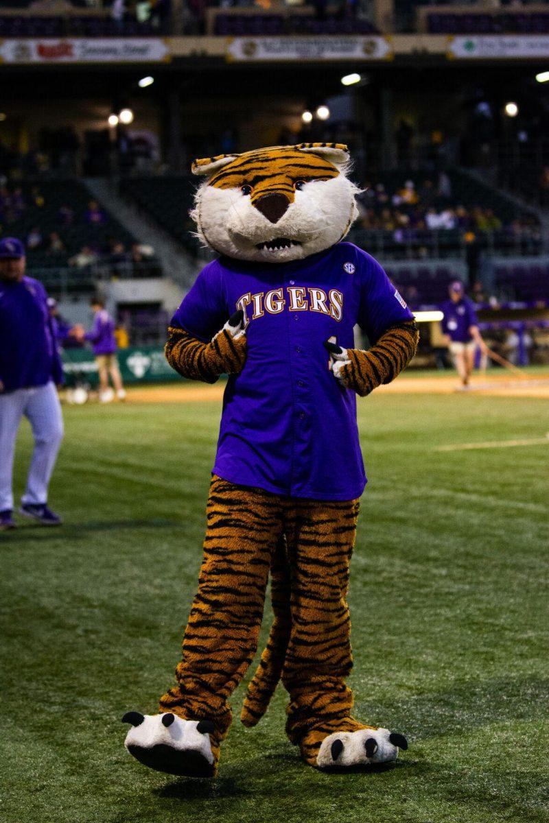 LSU Mike the Tiger poses for a picture Friday, Feb. 18, 2022 before LSU's 13-1 win against Maine at Alex Box Stadium on Gourrier Avenue in Baton Rouge, La.