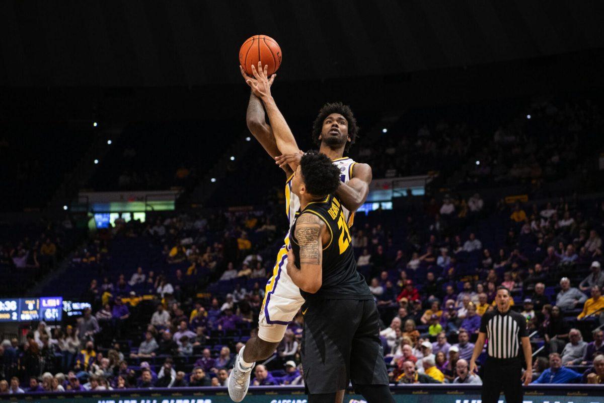 LSU men&#8217;s basketball sophomore forward Tari Eason (13) attempts to make a floater Saturday, Feb. 26, 2022, during LSU&#8217;s 75-55 win against Missouri in the Pete Maravich Assembly Center on North Stadium Drive in Baton Rouge, La.