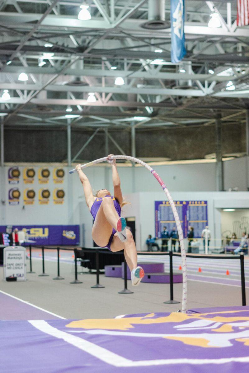 LSU track and field pole vault freshman Johanna Duplantis begins her ascent on Friday, Feb. 18, 2022, during the LSU Twilight track and field meet in the Carl Maddox Field House on Nicholson Drive in Baton Rouge, La.