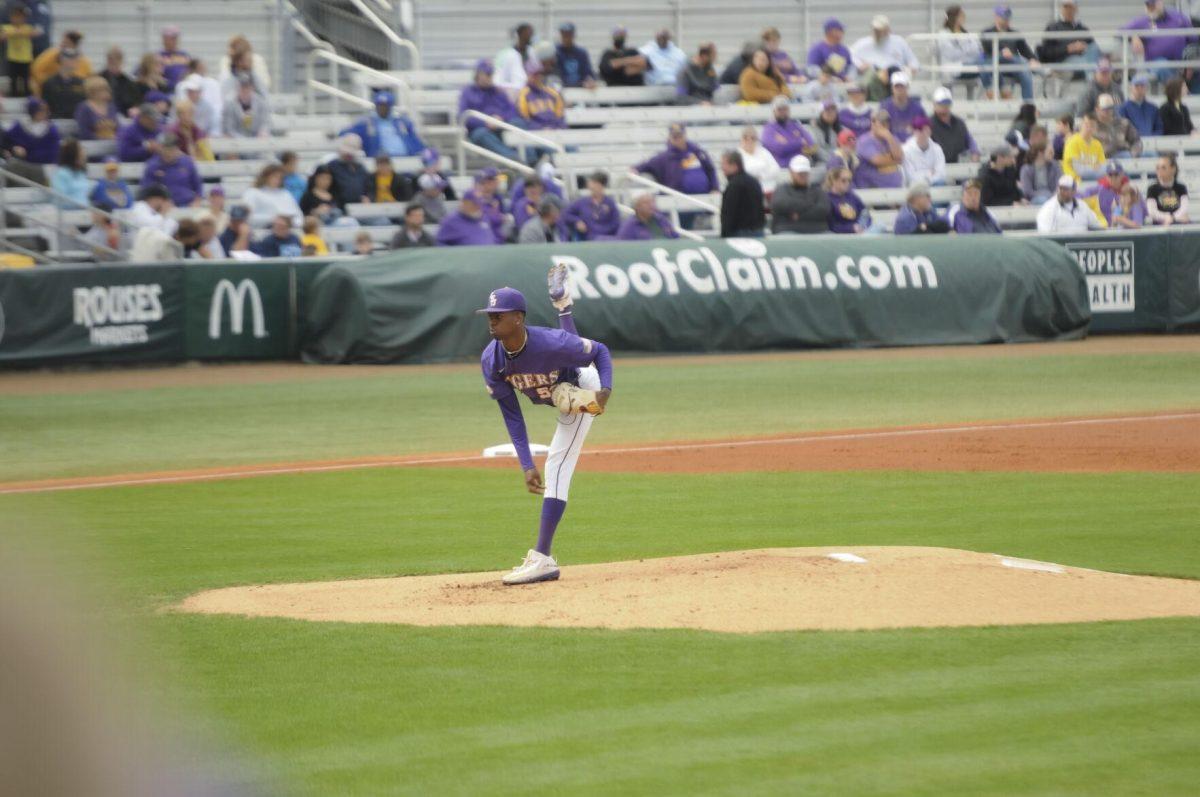 LSU senior pitcher Ma'Khail Hilliard (52) pitches on the mound Saturday, Feb. 26, 2022, during the Tigers' 9-2 win against Southern University at Alex Box Stadium in Baton Rouge, La.