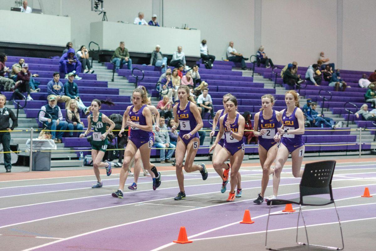 A number of LSU track and field distance runners begin the 3000-meter run on Friday, Feb. 18, 2022, during the LSU Twilight track and field meet in the Carl Maddox Field House on Nicholson Drive in Baton Rouge, La.