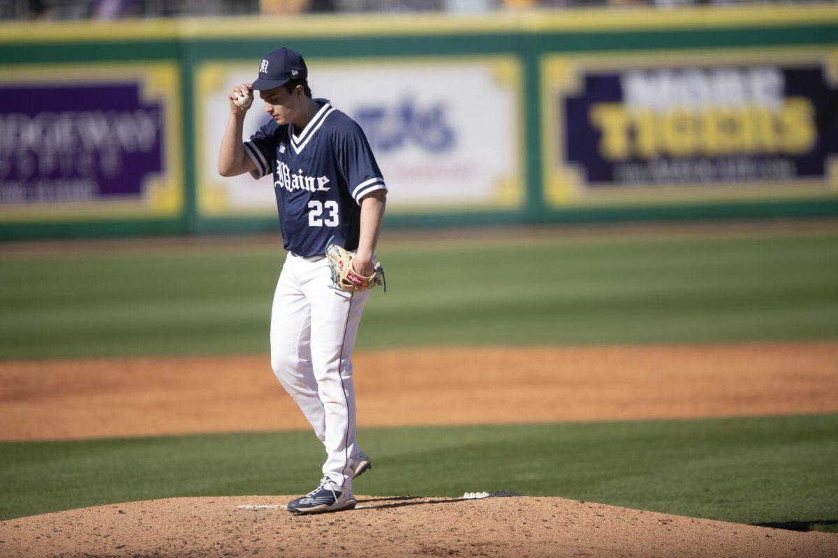 University of Maine freshman pitcher Colin Fitzgerald (23) gets ready to pitch on the mound Saturday, Feb. 19, 2022, during the Tigers' 17-8 win against the University of Maine at Alex Box Stadium in Baton Rouge, La.