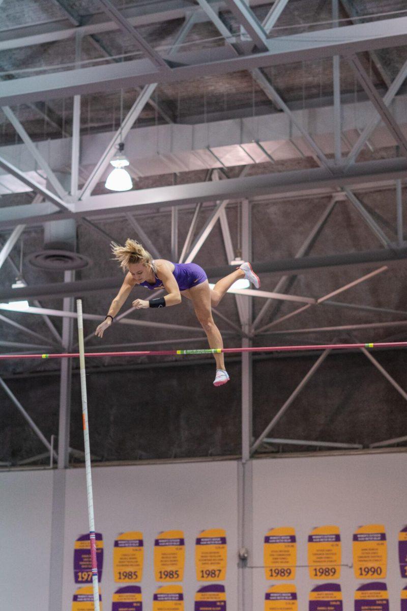 LSU track and field fifth-year senior Lisa Gunnarsson lets go of the pole on Friday, Feb. 4, 2022, during the Bayou Bengal indoor track meet at the Carl Maddox Field House on Nicholson Drive in Baton Rouge, La.