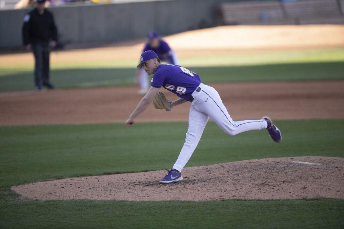 LSU sophomore pitcher Javen Coleman (49) pitches on the mound Saturday, Feb. 19, 2022, during the Tigers' 17-8 win against the University of Maine at Alex Box Stadium in Baton Rouge, La.