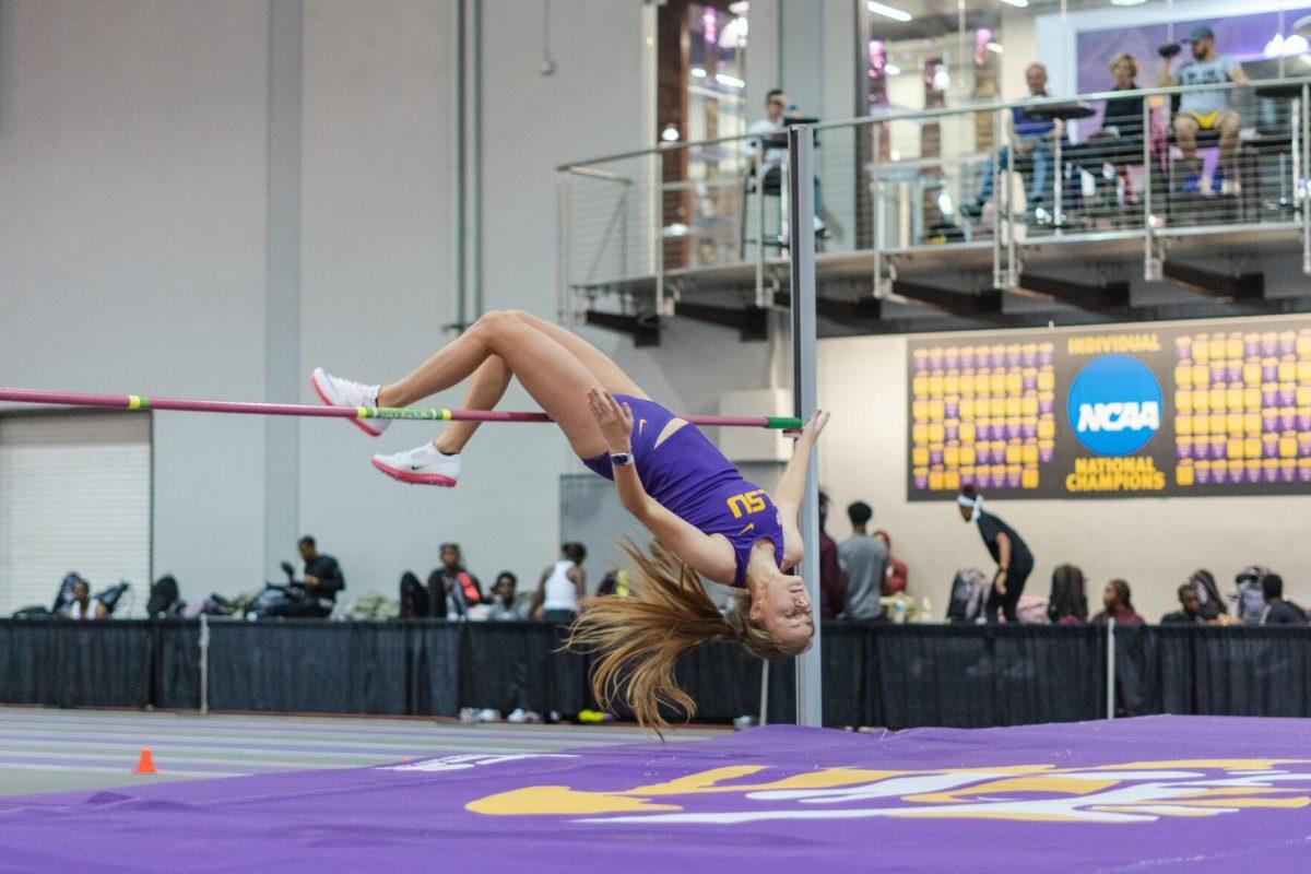 LSU track and field jumps sophomore Emma Engelhardt sails through the air on Friday, Feb. 18, 2022, during the LSU Twilight track and field meet in the Carl Maddox Field House on Nicholson Drive in Baton Rouge, La.