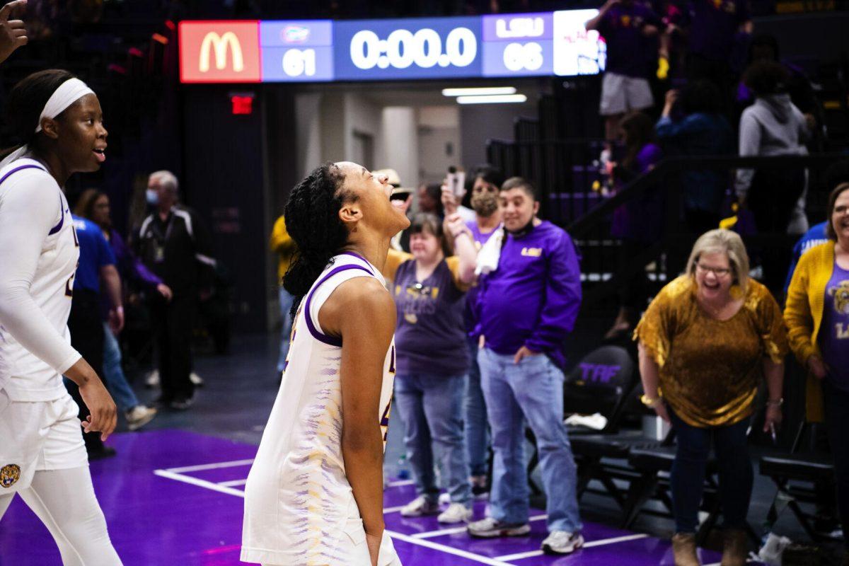 LSU women’s basketball fifth year senior guard Alexis Morris (45) lets out a scream Sunday, Feb. 20, 2022, after LSU’s 66-61 win against Florida in the Pete Maravich Assembly Center on North Stadium Drive in Baton Rouge, La.