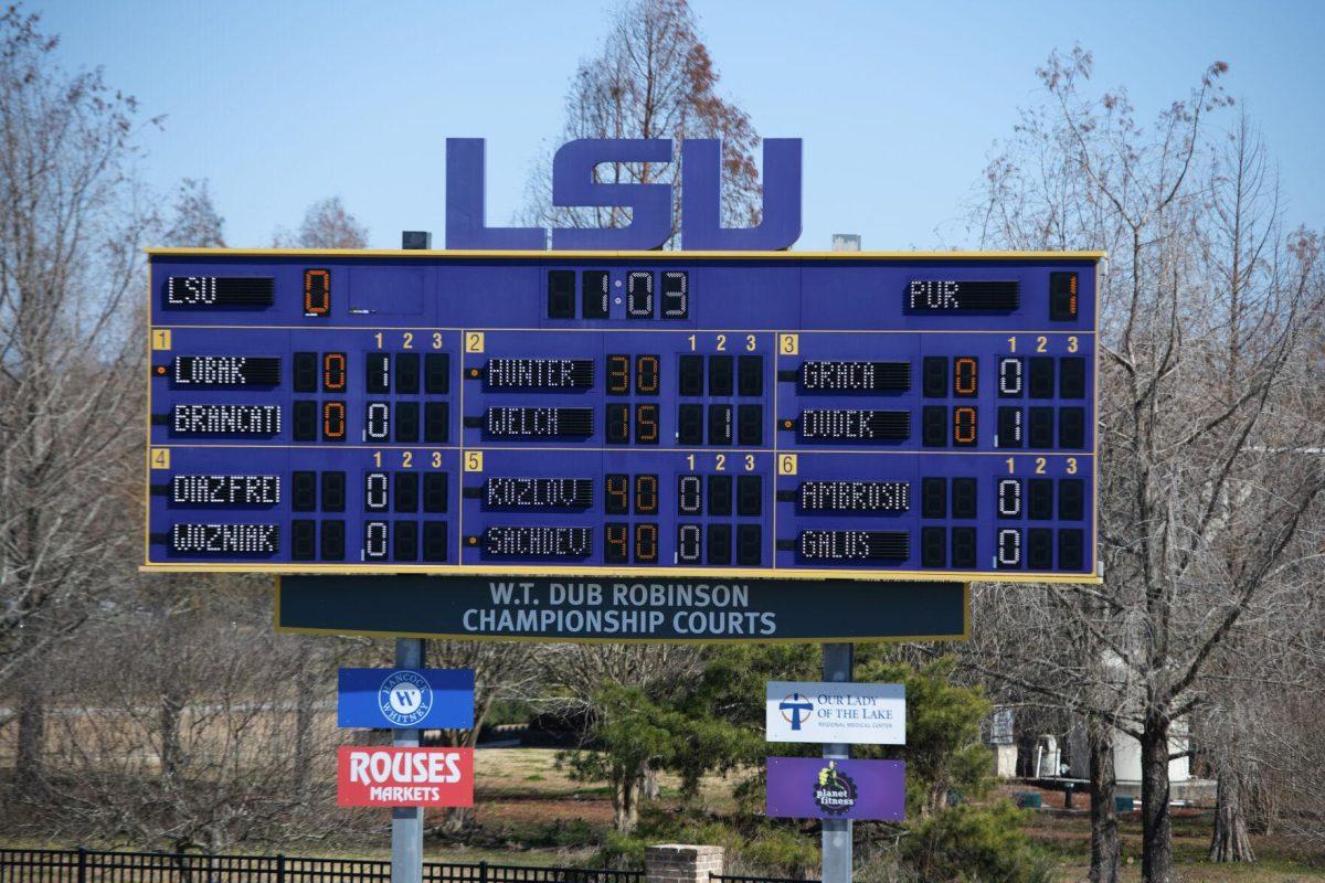 The LSU tennis scoreboard sits Sunday, Feb. 13, 2021 during LSU's 6-1 win over Purdue at the LSU Tennis Complex on Gourrier Avenue in Baton Rouge, La.