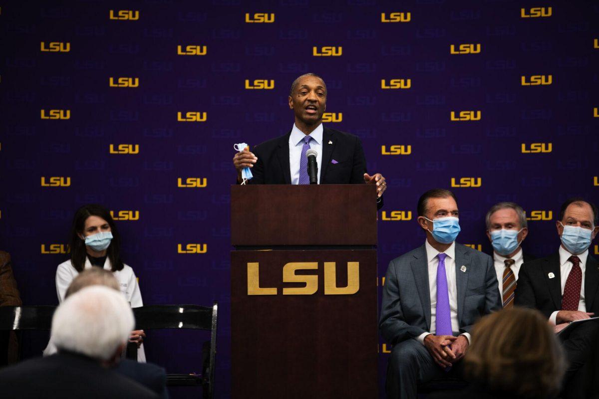 LSU president William F. Tate IV speaks at the Our Lady of the Lake and LCMC Health game-changing investment press conference Friday, Feb. 11, 2022, at the LSU Foundation Center for Philanthropy in Baton Rouge, La.&#160;