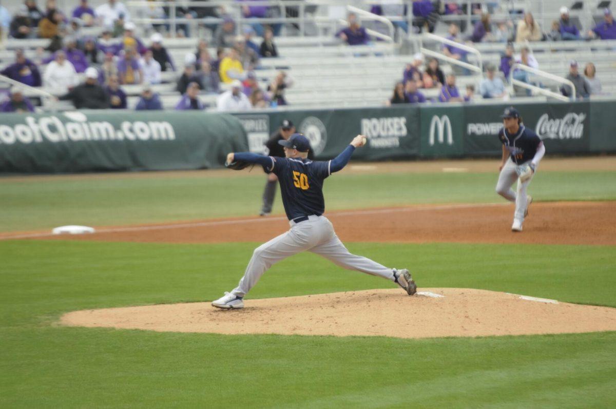 Southern University junior pitcher Anthony Fidanza (50) pitches on the mound Saturday, Feb. 26, 2022, during the Tigers' 9-2 win against Southern University at Alex Box Stadium in Baton Rouge, La.