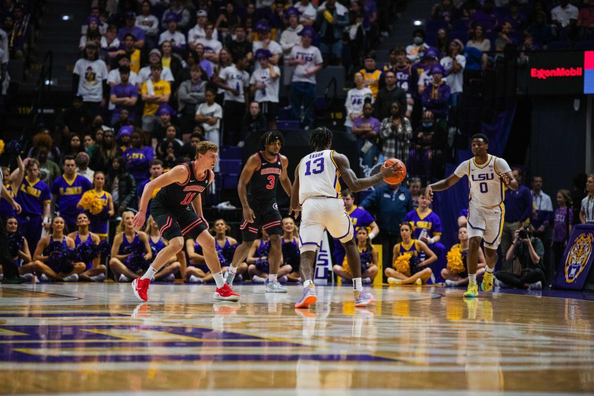 LSU men&#8217;s basketball sophomore forward Tari Eason (13) dribbles the ball during LSU&#8217;s 84-65 win against Georgia in the Pete Maravich Assembly Center on North Stadium Drive in Baton Rouge, La.