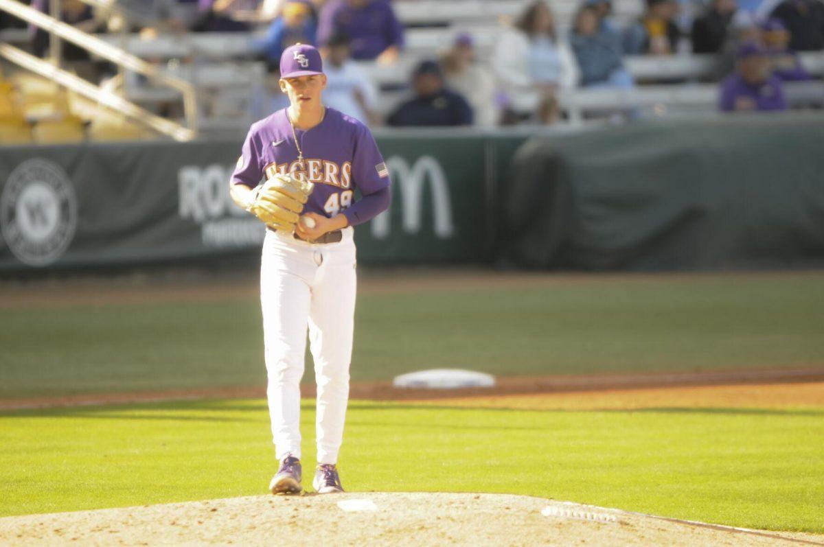 LSU sophomore pitcher Javen Coleman (49) pitches on the mound Saturday, Feb. 26, 2022, during the Tigers' 9-2 win against Southern University at Alex Box Stadium in Baton Rouge, La.