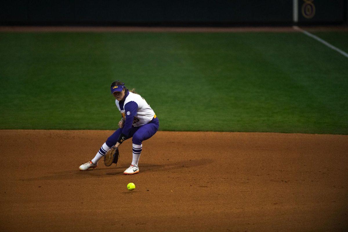 LSU softball junior infielder Georgia Clark (25) gets ready to grab the ball Saturday, Feb. 12, 2022, during LSU’s 2-3 loss against Central Arkansas at Tiger Park on Skip Bertman Drive in Baton Rouge, La.