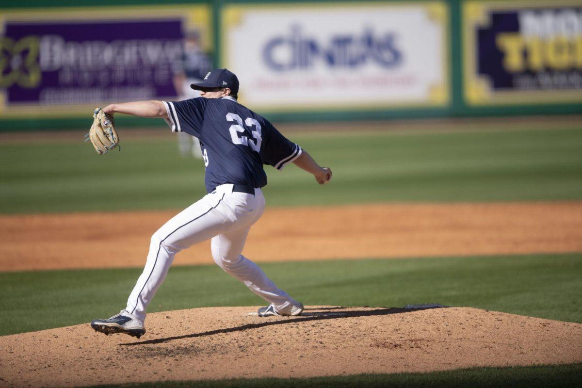 University of Maine freshman pitcher Colin Fitzgerald (23) pitches on the mound Saturday, Feb. 19, 2022, during the Tigers' 17-8 win against the University of Maine at Alex Box Stadium in Baton Rouge, La.