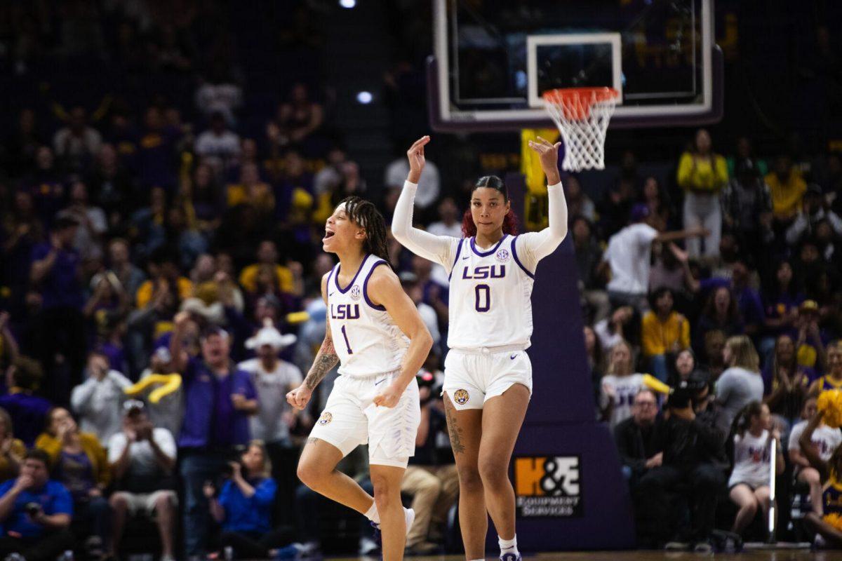 LSU women’s basketball graduate student guard Jailin Cherry (1) yells in excitement Sunday, Feb. 20, 2022, during LSU’s 66-61 win against Florida in the Pete Maravich Assembly Center on North Stadium Drive in Baton Rouge, La.