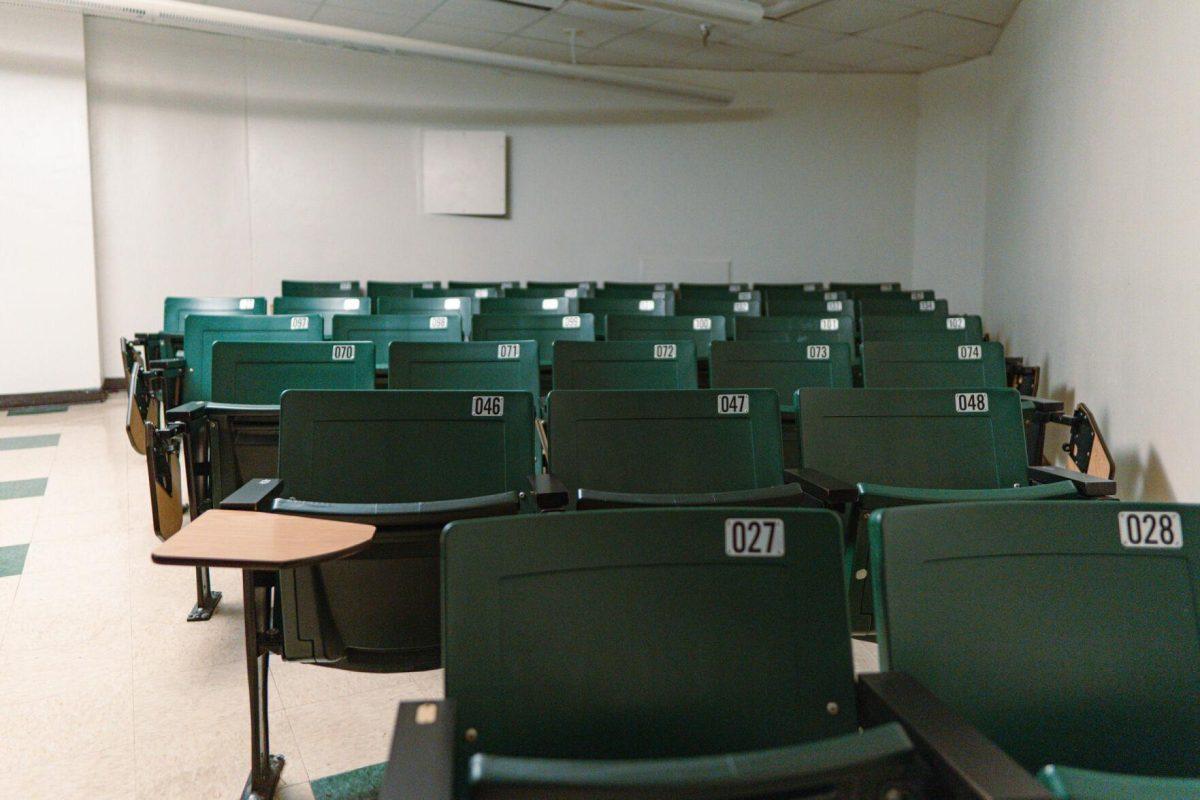 Desks sit empty on Wednesday, Feb. 9, 2022, in Lockett Hall on Field House Drive in Baton Rouge, La.