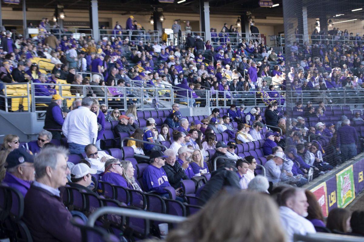 Tiger fans sit and enjoy the game Saturday, Feb. 19, 2022, during the Tigers' 17-8 win against the University of Maine at Alex Box Stadium in Baton Rouge, La.