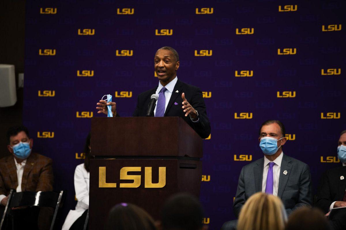 LSU president William F. Tate IV speaks at the Our Lady of the Lake and LCMC Health game-changing investment press conference Friday, Feb. 11, 2022, at the LSU Foundation Center for Philanthropy in Baton Rouge, La.